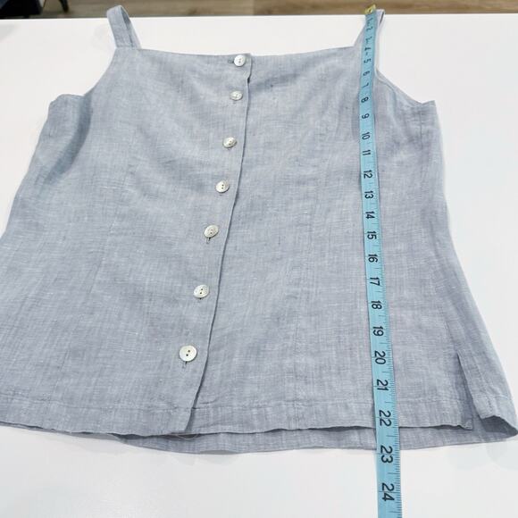 Vintage 90s Square Neck Tank Top Size 40 Large Blue 100% Linen Back Button Close - Picture 10 of 16